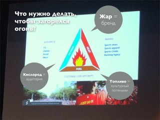 Что нужно делать,   Жар =
чтобы загорелся     бренд
огонь?




  Кислород =
   аудитория
                      Топливо =
                       культурный
                       потенциал
 