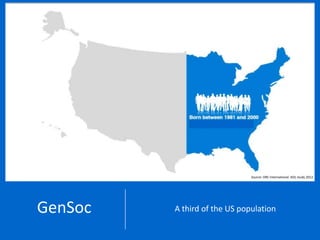 Source: ORC International: AOL study 2012




                       GenSoc                                                                             A third of the US population
Source: eMarketer, Jenks, Jared, Jennifer Pearson, and Hilary Rengert. "Demographic Profile--Millennials." EMarketer, May 2011.
                                                                                                                                                Page 4
Base: Millennials - ages 18-34
 