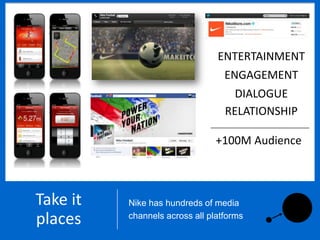 ENTERTAINMENT
                                             ENGAGEMENT
                                               DIALOGUE
                                             RELATIONSHIP

                                        +100M Audience



 Engagement   Interaction       Education       Consideration
Take it                  The opt-in ecosystemVelocity, 2012
                  Nike has hundreds of media    Source: Oyala, 2011
                                                  Source:


places            channels across all platforms
 