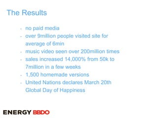 The Results
- no paid media
- over 9million people visited site for
average of 6min
- music video seen over 200million times
- sales increased 14,000% from 50k to
7million in a few weeks
- 1,500 homemade versions
- United Nations declares March 20th
Global Day of Happiness
 