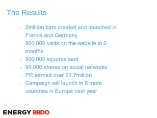 The Results
- 5million bars created and launched in
France and Germany
- 800,000 visits on the website in 2
months
- 500,000 squares sent
- 95,000 shares on social networks
- PR earned over $1.7million
- Campaign will launch in 6 more
countries in Europe next year
 