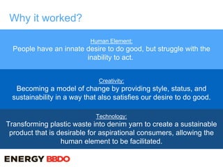Why it worked?
Human Element:
People have an innate desire to do good, but struggle with the
inability to act.
Creativity:
Becoming a model of change by providing style, status, and
sustainability in a way that also satisfies our desire to do good.
Technology:
Transforming plastic waste into denim yarn to create a sustainable
product that is desirable for aspirational consumers, allowing the
human element to be facilitated.
 