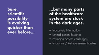 Sure,
scientific
possibility
is evolving
quicker than
ever before…
…but many parts
of the healthcare
system are stuck
in the dark ages.
 Inaccurate information
 Limited patient histories
 Physician access challenges
 Insurance / Reimbursement hurdles
 