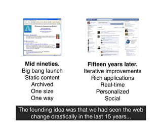 Mid nineties.           Fifteen years later.
 Big bang launch        Iterative improvements
  Static content           Ric...