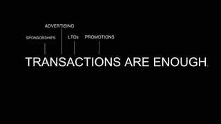 TRANSACTIONS ARE ENOUGH.
SPONSORSHIPS
ADVERTISING
LTOs PROMOTIONS
 