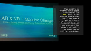 ‫שצריך‬ ‫טוענת‬ ‫תמיד‬ ‫אני‬
‫הדיגיטל‬ ‫אל‬ ‫להתייחס‬ ‫להפסיק‬
‫ראש‬ ‫כובד‬ ‫בכזה‬-‫המילה‬
‫היותר‬‫הינה‬ ‫נכונה‬:‫שינוי‬,
‫שחלק‬ ‫שינוי‬ ‫עובר‬ ‫שלנו‬ ‫העולם‬
‫לדיגיטציה‬ ‫קשור‬ ‫ממנו‬ ‫גדול‬
‫וטכנולוגיה‬,‫העובדה‬ ‫עצם‬
‫לכך‬ ‫תגרום‬ ‫משתנה‬ ‫שהעולם‬
‫בצורה‬ ‫דומים‬ ‫דברים‬ ‫שנעשה‬
‫שונה‬,‫למשל‬-‫אנשים‬ ‫בעתיד‬
‫אחת‬ ‫ולא‬ ‫עבודות‬ ‫שתי‬ ‫יחזיקו‬
‫של‬ ‫אוגמנטד‬ ‫ממש‬ ‫שזה‬
‫שלנו‬ ‫המקצועית‬ ‫המציאות‬.....
 