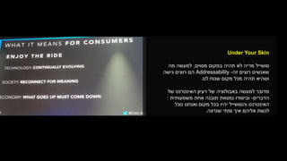 Under Your Skin
‫מסוים‬ ‫במקום‬ ‫תהיה‬ ‫לא‬ ‫מדיה‬ ‫סושייל‬,‫למעשה‬‫מה‬
‫רוצים‬ ‫שאנשים‬‫זה‬-Addressability‫גישה‬ ‫רוצים‬ ‫הם‬
‫לנו‬ ‫שנוח‬ ‫מקום‬ ‫מכל‬ ‫תהיה‬ ‫ושהיא‬.
‫של‬ ‫האינטרנט‬ ‫רעיון‬ ‫של‬ ‫באבולוציה‬ ‫למעשה‬ ‫מדובר‬
‫הדברים‬-‫משמעותית‬ ‫אחת‬ ‫תובנה‬ ‫נמצאת‬ ‫וביסודו‬:
‫נוכל‬ ‫ואנחנו‬ ‫מקום‬ ‫בכל‬ ‫יהיו‬ ‫והסושייל‬ ‫האינטרנט‬
‫שנרצה‬ ‫ומתי‬ ‫איך‬ ‫אליהם‬ ‫לגשת‬.
 