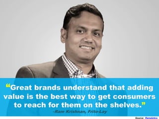 “Great brands understand that adding
value is the best way to get consumers
to reach for them on the shelves.”
–Ram Krishnan, Frito-Lay
Source: Ramalytics
 