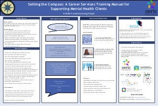 Setting the Compass: A Career Services Training Manual for
Supporting Mental Health Clients
A CERIC-Funded Learning Project
Project History
Phase 1 - Research
CERIC funded a province-wide research study in Nova Scotia to identify the
knowledge, skills & beliefs careers practitioners need to better support
clients with mental health issues.

MH Toolkit Project Approach

Promote at Cannexus 2104
Video-tape project champions

Research approach:

Project Goal & Deliverables

Project Goal: Improve employment & education outcomes for
people living with mental health issues by enhancing the
knowledge, skills, abilities, recovery beliefs & by improving
practice policies for Canada’s career service workers.

• Province-wide Expert Advisory Committee guided project.
Project Deliverables:

• Created a project website portal for information sharing.
• Online surveys of career service workers, mental health clients, mental
health service workers & peer support experts.
• Regional informational meetings, share findings, confirm direction.
• Meetings with regional managers, share findings & interest to act.

Engage Partner Advisory Group
Identify pan-Canadian context experts

1. Free on-line mental health toolkit
Content will be evidence informed, practical,
& built on career service worker priorities.

• Province-wide stakeholder roundtable to share findings, confirm direction
& build interest to act.

Research Highlight
• 91% of CPs are working with mental health (mh) clients.
• 56% of CPs believe mh disclosure is increasing.
• 46% of CPs have experienced a mh problem.

Nova Scotia Career Development Association, a not for profit organization
providing strategic leadership to:
• promote effective practices - info. & professional development
• encourage adoption of frameworks for client-centered services.
• leadership, support & opportunities to achieve the competencies of
Canadian Standards and Guidelines for Career Practitioners.

Project Partners

• Consultations nation-wide through Cannexus conferences.
• www.chartingthecourse.nscda.ca

Project Sponsor

Engage Expert Advisors -

This project will be developed in partnership with:

Toolkit content research & content development

2. Professional quality first-person videos
Highlighting key messages from career
service worker, manager, mental health
client, mental health professional & peer
support perspectives.

Identify consumers, career practitioners & mental
health experts
Develop evaluation tools
Field test content - key messages - revise

• Canadian Mental Health Association - National
• Psychosocial Rehabilitation Canada
• Great-West Life Centre for Mental Health in the Workplace
• Canadian Education, Institute for Counseling (CERIC)
• The Healthy Minds Cooperative & NS Certified Peer Support
Specialist Program

• CPs feel they lack confidence & skills to support mh clients.
• 50% of mh clients surveyed agree.
• 96% of CPs want specialized skills in motivating mh clients.
• All agree stigma & discrimination is a primary barrier & impacts QOL..

First person video - to highlight key messages

• Policy barriers interfere with providing service to mh clients.

Identify, interview & recruit participants

• Mh clients feel less access to services, training & education.

3. Service Agreement Protocol
To support developing collaborative
partnerships between career services,
mental health & peer support services.

Video production & editing

• 89% CPs see importance of work, the need to focus on abilities & believe
people can successful work even when symptoms of illness are present.
• Quality of the relationship between clients & CPs is critical.

On-line layout & product design
Field-test toolkit & finalize

• Respecting privacy, being treated with respect,being included in decisionmaking, not being seen as a diagnosis, holding an attitude of hope &
optimism is critical for employment recovery.
• The absence of the social determinants of health interfere with
employment & negatively affect mh.
• Advocacy for equal access to resources is a shared concern.
Recommendations:
1. Specialized mh training needed - work with consumers in design.
2. Encourage better coordination between mh & career services.
3. Engage employers on employing mh clients & accommodations.
4. Advocate to improve access to mh and supporting services.
Final report: http://ceric.ca/?q=en/node/372

RESEARCH POSTER PRESENTATION DESIGN © 2011

www.PosterPresentations.com

CANADIAN MENTAL
HEALTH ASSOCIATION
Mental Health for All

Toolkit Topic:
Develop marketing tools
Launch toolkit
Promote through partners, networks, & social
media.
Evaluate.

• Understanding mental illness recovery & career service workers role.
• Impact of stigma on employment.
• Peer support in supporting employment.
• Career counseling, recovery & motivational tools.
• When, how & where to refer clients to specialized services.
• Supporting employers - accommodations.
• Tips for enhancing knowledge transfer & uptake.

Contact Information
Neasa Martin, Project Lead, neasamartin@primus.ca
Kathy McKee, Project Manager, kmckee@jobresourcecentre.ca

 