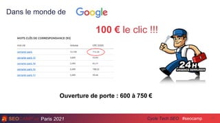 Paris 2021 #seocamp
Cycle Tech SEO 11
Ouverture de porte : 600 à 750 €
100 € le clic !!!
Dans le monde de
 