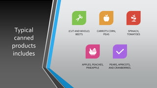 Typical
canned
products
includes
(CUT ANDWHOLE)
BEETS
CARROTS CORN,
PEAS
SPINACH,
TOMATOES
APPLES, PEACHES,
PINEAPPLE
PEARS, APRICOTS,
AND CRANBERRIES.
 