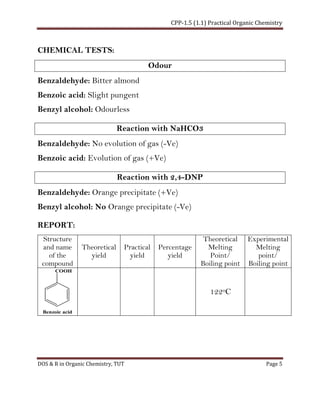 CPP-1.5 (1.1) Practical Organic Chemistry
DOS & R in Organic Chemistry, TUT Page 5
CHEMICAL TESTS:
Odour
Benzaldehyde: Bitter almond
Benzoic acid: Slight pungent
Benzyl alcohol: Odourless
Reaction with NaHCO3
Benzaldehyde: No evolution of gas (-Ve)
Benzoic acid: Evolution of gas (+Ve)
Reaction with 2,4-DNP
Benzaldehyde: Orange precipitate (+Ve)
Benzyl alcohol: No Orange precipitate (-Ve)
REPORT:
Structure
and name
of the
compound
Theoretical
yield
Practical
yield
Percentage
yield
Theoretical
Melting
Point/
Boiling point
Experimental
Melting
point/
Boiling point
COOH
Benzoic acid
122oC
 