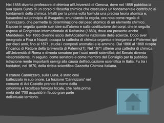 Nel 1855 diventa professore di chimica all'Università di Genova, dove nel 1858 pubblica la sua opera Sunto di un corso di filosofia chimica che costituisce un fondamentale contributo ai fondamenti della chimica. Infatti per la prima volta formula una precisa teoria atomica e, basandosi sul principio di Avogadro, enunciando la regola, ora nota come regola di Cannizzaro, che permette la determinazione del peso atomico di un elemento chimico. Espose in seguito queste sue idee sull'atomo e sulla costituzione dei corpi, che in seguito espose al Congresso internazionale di Karlsruhe (1860), dove era presente anche Mendeleev. Nel 1865 divenne socio dell'Accademia nazionale delle scienze. Dopo aver insegnato a Pisa e Napoli, occupa la cattedra di chimica organica e inorganica a Palermo: qui per dieci anni, fino al 1871, studia i composti aromatici e le ammine. Dal 1866 al 1868 ricopre l'incarico di Rettore della Università di Palermo[1]. Nel 1871 ottiene una cattedra di chimica all'Università di Roma e diventa senatore per i suoi meriti scientifici; del Senato diventa vicepresidente. In seguito, come senatore e come membro del Consiglio per la pubblica istruzione rende importanti servigi alla causa dell'educazione scientifica in Italia. Fu tra i fondatori, nel 1870, della rivista scientifica Gazzetta Chimica Italiana.  Il cratere Cannizzaro, sulla Luna, è stato così battezzato in suo onore. La frazione 'Cannizzaro' nel comune di Aci Castello prende il nome dalla omonima e facoltosa famiglia locale, che nella prima metà del ‘700 acquistò in feudo gran parte dell'attuale territorio. 