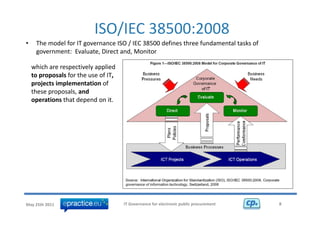 ISO/IEC 38500:2008 
•    The model for IT governance ISO / IEC 38500 defines three fundamental tasks of 
     government: Evaluate, Direct and, Monitor 

    which are respectively applied 
    to proposals for the use of IT, 
    projects implementation of 
    these proposals, and 
    operations that depend on it.




May 25th 2011                          IT Governance for electronic public procurement   8
 