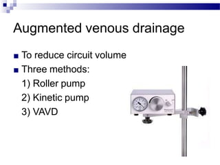 Augmented venous drainage
■ To reduce circuit volume
■ Three methods:
1) Roller pump
2) Kinetic pump
3) VAVD
 