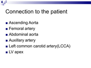 Connection to the patient
■ Ascending Aorta
■ Femoral artery
■ Abdominal aorta
■ Auxillary artery
■ Left common carotid artery(LCCA)
■ LV apex
 