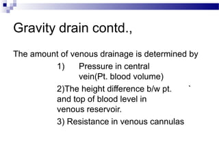 Gravity drain contd.,
The amount of venous drainage is determined by
1) Pressure in central
vein(Pt. blood volume)
2)The height difference b/w pt. `
and top of blood level in
venous reservoir.
3) Resistance in venous cannulas
 
