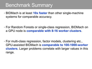 Benchmark Summary
• BIDMach is at least 10x faster than other single-machine
systems for comparable accuracy.
• For Random Forests or single-class regression, BIDMach on
a GPU node is comparable with 8-16 worker clusters.
• For multi-class regression, factor models, clustering etc.,
GPU-assisted BIDMach is comparable to 100-1000-worker
clusters. Larger problems correlate with larger values in this
range.
 