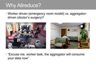 Why Allreduce?
• Worker driven (emergency room model) vs. aggregator-
driven (doctor’s surgery)?
• “Excuse me, worker task, the aggregator will consume
your data now”
 