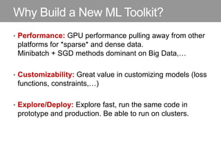 Why Build a New ML Toolkit?
• Performance: GPU performance pulling away from other
platforms for *sparse* and dense data.
Minibatch + SGD methods dominant on Big Data,…
• Customizability: Great value in customizing models (loss
functions, constraints,…)
• Explore/Deploy: Explore fast, run the same code in
prototype and production. Be able to run on clusters.
 