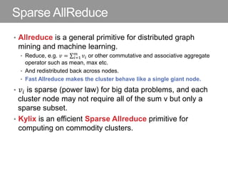 Sparse AllReduce
• Allreduce is a general primitive for distributed graph
mining and machine learning.
• Reduce, e.g. 𝑣 = 𝑣𝑖
𝑚
𝑖=1 or other commutative and associative aggregate
operator such as mean, max etc.
• And redistributed back across nodes.
• Fast Allreduce makes the cluster behave like a single giant node.
• 𝑣𝑖 is sparse (power law) for big data problems, and each
cluster node may not require all of the sum v but only a
sparse subset.
• Kylix is an efficient Sparse Allreduce primitive for
computing on commodity clusters.
 