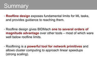 Summary
• Roofline design exposes fundamental limits for ML tasks,
and provides guidance to reaching them.
• Roofline design gives BIDMach one to several orders of
magnitude advantage over other tools – most of which ware
well below roofline limits.
• Rooflining is a powerful tool for network primitives and
allows cluster computing to approach linear speedups
(strong scaling).
 