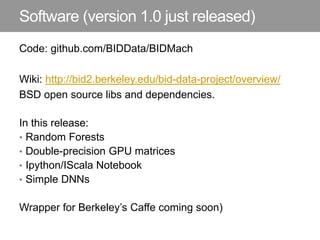 Software (version 1.0 just released)
Code: github.com/BIDData/BIDMach
Wiki: http://bid2.berkeley.edu/bid-data-project/overview/
BSD open source libs and dependencies.
In this release:
• Random Forests
• Double-precision GPU matrices
• Ipython/IScala Notebook
• Simple DNNs
Wrapper for Berkeley’s Caffe coming soon)
 