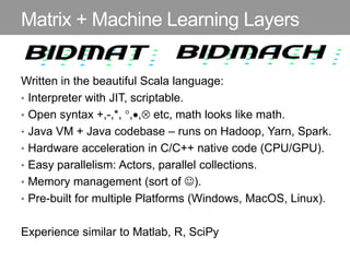 Matrix + Machine Learning Layers
Written in the beautiful Scala language:
• Interpreter with JIT, scriptable.
• Open synta...