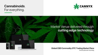 Cannabinoids.
For everything.
CH3
CH3
H C3
OH
OH
Global CBD Commodity OTC Trading Market Place
Driven By Blockchain Technology
Market Venue delivered through
cutting edge technology
 