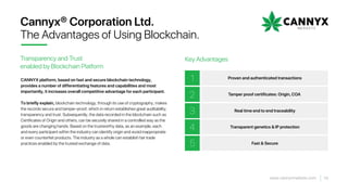 Transparency and Trust
enabled by Blockchain Platform
Cannyx® Corporation Ltd.
The Advantages of Using Blockchain.
CANNYX platform, based on fast and secure blockchain technology,
provides a number of differentiating features and capabilities and most
importantly, it increases overall competitive advantage for each participant.
To briefly explain, blockchain technology, through its use of cryptography, makes
the records secure and tamper-proof, which in return establishes great auditability,
transparency and trust. Subsequently, the data recorded in the blockchain such as
Certificates of Origin and others, can be securely shared in a controlled way as the
goods are changing hands. Based on the trustworthy data, as an example, each
and every participant within the industry can identify origin and avoid inappropriate
or even counterfeit products. The industry as a whole can establish fair trade
practices enabled by the trusted exchange of data.
14www.cannyxmarkets.com
Proven and authenticated transactions
Tamper proof certificates: Origin,COA
Real time end to end traceability
Transparent genetics & lP protection
Fast & Secure
Key Advantages
1
2
3
4
5
 