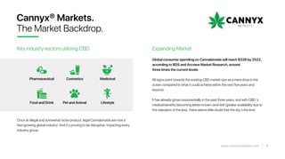 Once an illegal and somewhat niche product, legal Cannabinoids are now a
fast-growing global industry. And it’s proving to be disruptive, impacting every
industry group.
Cannyx® Markets.
The Market Backdrop.
Key industry sectors utilising CBD
Global consumer spending on Cannabinoids will reach $32B by 2022,
according to BDS and Arcview Market Research, around
three times the current levels.
 
All signs point towards the existing CBD market size as a mere drop in the
ocean compared to what it could achieve within the next five years and
beyond.
It has already grown exponentially in the past three years, and with CBD ’s
medical benefits becoming better known (and with greater availability due to
the relaxation of the law), there seems little doubt that the sky’s the limit. 
Expanding Market
Pharmaceutical Cosmetics Medicinal
Food and Drink Pet and Animal Lifestyle
4www.cannyxmarkets.com
 