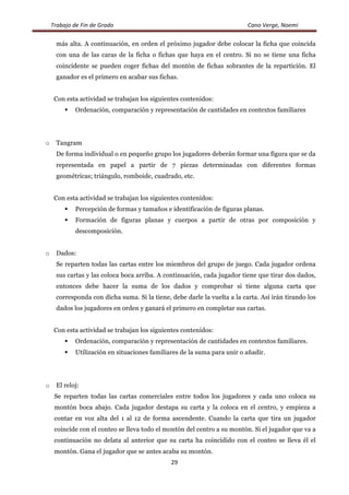 Trabajo	
  de	
  Fin	
  de	
  Grado	
  	
  	
  	
  	
  	
  	
  	
  	
  	
  	
  	
  	
  	
  	
  	
  	
  	
  	
  	
  	
  	
  	
  	
  	
  	
  	
  	
  	
  	
  	
  	
  	
  	
  	
  	
  	
  	
  	
  	
  	
  	
  	
  	
  	
  	
  	
  	
  	
  	
  	
  	
  	
  	
  	
  	
  	
  	
  	
  	
  	
  	
  	
  	
  	
  	
  	
  	
  	
  	
  	
  	
  	
  	
  	
  	
  	
  	
  	
  	
  	
  	
  	
  	
  	
  	
  	
  	
  	
  	
  	
  	
  Cano	
  Verge,	
  Noemi	
  
	
  
29	
  
	
  
más alta. A continuación, en orden el próximo jugador debe colocar la ficha que coincida
con una de las caras de la ficha o fichas que haya en el centro. Si no se tiene una ficha
coincidente se pueden coger fichas del montón de fichas sobrantes de la repartición. El
ganador es el primero en acabar sus fichas.
Con esta actividad se trabajan los siguientes contenidos:
! Ordenación, comparación y representación de cantidades en contextos familiares
o Tangram
De forma individual o en pequeño grupo los jugadores deberán formar una figura que se da
representada en papel a partir de 7 piezas determinadas con diferentes formas
geométricas; triángulo, romboide, cuadrado, etc.
Con esta actividad se trabajan los siguientes contenidos:
! Percepción de formas y tamaños e identificación de figuras planas.
! Formación de figuras planas y cuerpos a partir de otras por composición y
descomposición.
o Dados:
Se reparten todas las cartas entre los miembros del grupo de juego. Cada jugador ordena
sus cartas y las coloca boca arriba. A continuación, cada jugador tiene que tirar dos dados,
entonces debe hacer la suma de los dados y comprobar si tiene alguna carta que
corresponda con dicha suma. Si la tiene, debe darle la vuelta a la carta. Así irán tirando los
dados los jugadores en orden y ganará el primero en completar sus cartas.
Con esta actividad se trabajan los siguientes contenidos:
! Ordenación, comparación y representación de cantidades en contextos familiares.
! Utilización en situaciones familiares de la suma para unir o añadir.
o El reloj:
Se reparten todas las cartas comerciales entre todos los jugadores y cada uno coloca su
montón boca abajo. Cada jugador destapa su carta y la coloca en el centro, y empieza a
contar en voz alta del 1 al 12 de forma ascendente. Cuando la carta que tira un jugador
coincide con el conteo se lleva todo el montón del centro a su montón. Si el jugador que va a
continuación no delata al anterior que su carta ha coincidido con el conteo se lleva él el
montón. Gana el jugador que se antes acaba su montón.
 