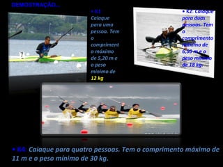 DEMOSTRAÇÃO...
                                        • K1:                                                     • K2: Caiaque
                                        Caiaque                                                   para duas
                                        para uma
       • K1: Caiaque para uma pessoa. Tem o comprimento máximo de 5,20 m e o peso mínimo de 12
                                        pessoa. Tem
                                                                                                 kg
                                                                                                  pessoas. Tem
                                                                                                  o
                                        o                                                         comprimento
                                        compriment                                                máximo de
                                        o máximo                                                  6,50 m e o
                                        de 5,20 m e                                               peso mínimo
                                        o peso                                                    de 18 kg.
                                        mínimo de
                                        12 kg




• K4: Caiaque para quatro pessoas. Tem o comprimento máximo de
11 m e o peso mínimo de 30 kg.
 