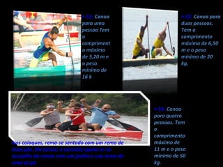 • C1: Canoa                    • C2: Canoa para
                            para uma                       duas pessoas.
                            pessoa Tem                     Tem o
                            o                              comprimento
                            compriment                     máximo de 6,50
                            o máximo                       m e o peso
                            de 5,20 m e                    mínimo de 20
                            o peso                         kg.
                            mínimo de
                            16 k




                                                • C4: Canoa
                                                para quatro
                                                pessoas. Tem
                                                o
                                                comprimento
Nos caiaques, rema-se sentado com um remo de    máximo de
duas pás. Na canoa, o canoísta apoia-se no      11 m e o peso
assoalho da canoa com um joelho e usa remo de   mínimo de 50
uma só pá.                                      kg.
 