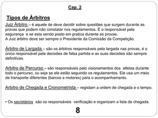 Cap. 2
Tipos de Árbitros
Juiz Árbitro – é aquele de deve decidir sobre questões que surgem durante as
provas que podem não constatar nos regulamentos. É o responsável pela
segurança e se esta sendo posto em pratica durante as provas.
A Juiz árbitro deve ser sempre o Presidente da Comissão da Competição.
Árbitro de Largada – são os árbitros responsáveis pela largada nas provas, é o
único responsável pela decisões de falsa partida e as suas decisões são sempre
definitivas.
Arbitro de Percurso – são responsáveis pelo visionamentos dos atletas durante
todo o percurso, ou seja se ele estão seguindo os regulamentos. Ele usa um meio
de transporte diferentes (barcos a motores) para o acompanhamento.
Arbitro de Chegada e Cronometrista – registam a ordem de chegada e o tempo.
• Os secretários são os responsáveis verificação e organizam a lista de chegada.
8
 