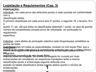 Legislação e Regulamentos (Cap. 3)
PONTUAÇÃO:
Individual - em cada prova são atribuídos pontos a cada canoista em conformidade
com a
classificação obtida.
O primeiro classificado em cada prova terá 21 pontos, o segundo 19, o terceiro 18 e
o
quarto 17, etc. até que todos os classificados obtenham 1 ponto, no caso de grande
número de competidores( excepto prova de velocidade, ver pontuação no
regulamento
específico).
Colectiva - para efeitos de pontuação colectiva cada Grupo/equipa contabiliza os
pontos de todas
as embarcações em todas as especialidades, excepto no mini kayak Pólo, que a
classificação obtida pela equipa é contabilizada somente uma vez ( pontos obtidos -
ver
regulamento especifico do mini kayak Pólo).
CHEGADA
A linha de chegada é atingida quando a proa da embarcação passar a linha
imaginária
entre as bóias de chegada. Se a linha de chegada for cruzada por duas
embarcações em simultâneo, as respectivas tripulações terão a mesma
classificação sendo a embarcação seguinte atribuída uma
posição na tabela classificativa tantos lugares abaixo quanto o número de
embarcações
empatadas.
1
 