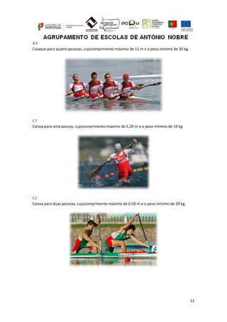 11
K4
Caiaque para quatro pessoas, cujocomprimento máximo de 11 m e o peso mínimo de 30 kg.
C1
Canoa para uma pessoa, cujocomprimento máximo de 5,20 m e o peso mínimo de 16 kg
C2
Canoa para duas pessoas, cujocomprimento máximo de 6,50 m e o peso mínimo de 20 kg.
 