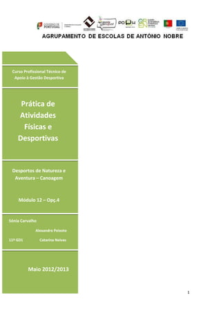1
Curso Profissional Técnico de
Apoio à Gestão Desportiva
Prática de
Atividades
Físicas e
Desportivas
Sónia Carvalho
Alexandre Peixoto
11º GD1 Catarina Neivas
Desportos de Natureza e
Aventura – Canoagem
Módulo 12 – Opç.4
Maio 2012/2013
 