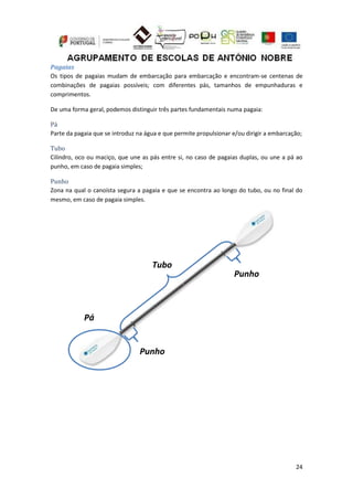 24
Pagaias
Os tipos de pagaias mudam de embarcação para embarcação e encontram-se centenas de
combinações de pagaias possíveis; com diferentes pás, tamanhos de empunhaduras e
comprimentos.
De uma forma geral, podemos distinguir três partes fundamentais numa pagaia:
Pá
Parte da pagaia que se introduz na água e que permite propulsionar e/ou dirigir a embarcação;
Tubo
Cilindro, oco ou maciço, que une as pás entre si, no caso de pagaias duplas, ou une a pá ao
punho, em caso de pagaia simples;
Punho
Zona na qual o canoísta segura a pagaia e que se encontra ao longo do tubo, ou no final do
mesmo, em caso de pagaia simples.
Pá
Tubo
Punho
Punho
 