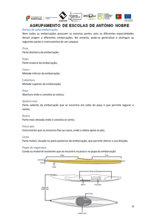 8
Partes de uma embarcação
Nem todas as embarcações possuem as mesmas partes, pois as diferentes especialidades
deram origem a diferentes embarcações. No entanto, pode-se generalizar e distinguir as
seguintes partes e instrumentos de um caiaque:
Proa
Parte dianteira da embarcação;
Popa
Parte traseira da embarcação;
Casco
Metade inferior da embarcação;
Cobertura
Metade superior da embarcação;
Poço
Abertura onde o canoísta se coloca;
Quebra-mar
Parte saliente da embarcação que se encontra em volta do poço e que permite segurar o
saiote;
Banco
Parte mais elevada onde o canoísta se senta;
Finca-pés
Instrumento que se encontra fixo ao casco, onde o atleta apoia os pés;
Leme
Parte móvel, situada na parte posterior da embarcação, que permite alterar a sua direção;
Pegas de segurança
Corda ou material resistente que se encontra na proa e na popa da embarcação.
 