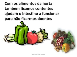 Com os alimentos da horta  também ficamos contentes ajudam o intestino a funcionar para não ficarmos doentes Maria de Lurdes Macedo 
