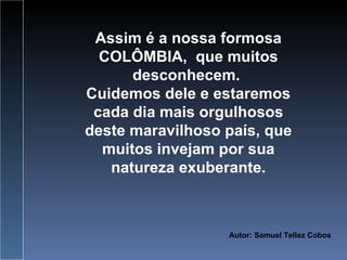 Assim é a nossa formosa COLÔMBIA,  que muitos desconhecem.  Cuidemos dele e estaremos cada dia mais orgulhosos deste maravilhoso país, que muitos invejam por sua natureza exuberante. Autor: Samuel Tellez Cobos  