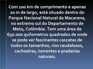 Com 100 km de comprimento e apenas 20 m de largo, está situado dentro do Parque Nacional Natural da Macarena, no extremo sul do Departamento de Meta, Colômbia. Tem uma área de 650.000 quilometros quadrados de onde se pode ver fascinantes cascatas de todos os tamanhos, rios caudalosos, cachoeiras, torrentes e pradarias naturais. 