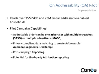 On Addressability (OA) Pilot
• Reach over 35M VOD and 23M Linear addressable-enabled
households
• Pilot Campaign Capabilities
– Addressable order can be one advertiser with multiple creatives
(SASO) or multiple advertisers (MASO)
– Privacy compliant data matching to create Addressable
Audience Segments (LiveRamp)
– Post-campaign Reporting
– Potential for third-party Attribution reporting
Implementation
 