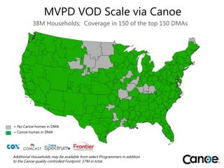 38M Households; Coverage in 150 of the top 150 DMAs
= Canoe homes in DMA
= No Canoe homes in DMA
Additional Households may be available from select Programmers in addition
to the Canoe quality controlled Footprint. 57M in total.
MVPD VOD Scale via Canoe
 