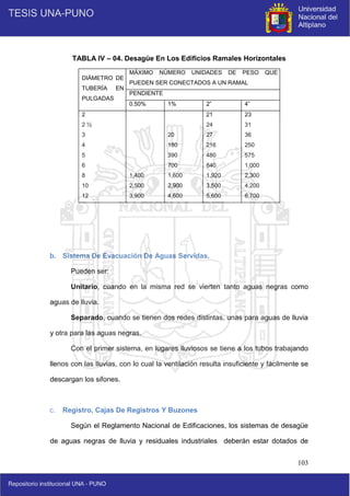 103
TABLA IV – 04. Desagüe En Los Edificios Ramales Horizontales
b. Sistema De Evacuación De Aguas Servidas.
Pueden ser:
Unitario, cuando en la misma red se vierten tanto aguas negras como
aguas de lluvia.
Separado, cuando se tienen dos redes distintas, unas para aguas de lluvia
y otra para las aguas negras.
Con el primer sistema, en lugares lluviosos se tiene a los tubos trabajando
llenos con las lluvias, con lo cual la ventilación resulta insuficiente y fácilmente se
descargan los sifones.
c. Registro, Cajas De Registros Y Buzones
Según el Reglamento Nacional de Edificaciones, los sistemas de desagüe
de aguas negras de lluvia y residuales industriales deberán estar dotados de
DIÁMETRO DE
TUBERÍA EN
PULGADAS
MÁXIMO NÚMERO UNIDADES DE PESO QUE
PUEDEN SER CONECTADOS A UN RAMAL
PENDIENTE
0.50% 1% 2” 4”
2
2 ½
3
4
5
6
8
10
12
1,400
2,500
3,900
20
180
390
700
1,600
2,900
4,600
21
24
27
216
480
840
1,920
3,500
5,600
23
31
36
250
575
1,000
2,300
4,200
6,700
 