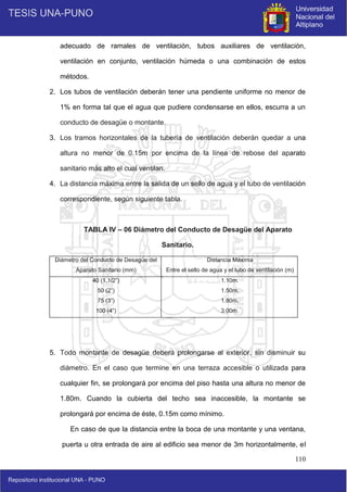 110
adecuado de ramales de ventilación, tubos auxiliares de ventilación,
ventilación en conjunto, ventilación húmeda o una combinación de estos
métodos.
2. Los tubos de ventilación deberán tener una pendiente uniforme no menor de
1% en forma tal que el agua que pudiere condensarse en ellos, escurra a un
conducto de desagüe o montante.
3. Los tramos horizontales de la tubería de ventilación deberán quedar a una
altura no menor de 0.15m por encima de la línea de rebose del aparato
sanitario más alto el cual ventilan.
4. La distancia máxima entre la salida de un sello de agua y el tubo de ventilación
correspondiente, según siguiente tabla.
TABLA IV – 06 Diámetro del Conducto de Desagüe del Aparato
Sanitario.
Diámetro del Conducto de Desagüe del
Aparato Sanitario (mm)
Distancia Máxima
Entre el sello de agua y el tubo de ventilación (m)
40 (1.1/2”)
50 (2”)
75 (3”)
100 (4”)
1.10m.
1.50m.
1.80m.
3.00m.
5. Todo montante de desagüe deberá prolongarse al exterior, sin disminuir su
diámetro. En el caso que termine en una terraza accesible o utilizada para
cualquier fin, se prolongará por encima del piso hasta una altura no menor de
1.80m. Cuando la cubierta del techo sea inaccesible, la montante se
prolongará por encima de éste, 0.15m como mínimo.
En caso de que la distancia entre la boca de una montante y una ventana,
puerta u otra entrada de aire al edificio sea menor de 3m horizontalmente, el
 