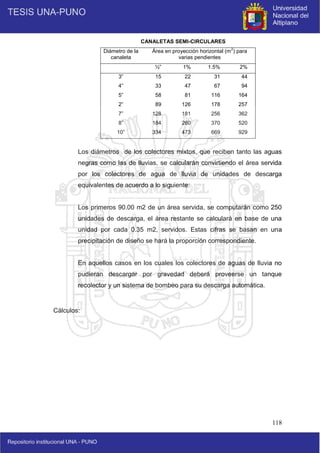 118
CANALETAS SEMI-CIRCULARES
Diámetro de la
canaleta
Área en proyección horizontal (m
2
) para
varias pendientes
½” 1% 1.5% 2%
3”
4”
5”
2”
7”
8”
10”
15
33
58
89
128
184
334
22
47
81
126
181
260
473
31
67
116
178
256
370
669
44
94
164
257
362
520
929
Los diámetros de los colectores mixtos, que reciben tanto las aguas
negras como las de lluvias, se calcularán convirtiendo el área servida
por los colectores de agua de lluvia de unidades de descarga
equivalentes de acuerdo a lo siguiente:
Los primeros 90.00 m2 de un área servida, se computarán como 250
unidades de descarga, el área restante se calculará en base de una
unidad por cada 0.35 m2, servidos. Estas cifras se basan en una
precipitación de diseño se hará la proporción correspondiente.
En aquellos casos en los cuales los colectores de aguas de lluvia no
pudieran descargar por gravedad deberá proveerse un tanque
recolector y un sistema de bombeo para su descarga automática.
Cálculos:
 