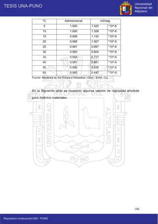 140
ºC Adimensional m2/seg.
5 1.000 1.520 *10^-6
10 1.000 1.308 *10^-6
15 0.999 1.142 *10^-6
20 0.998 1.007 *10^-6
25 0.997 0.897 *10^-6
30 0.995 0.804 *10^-6
35 0.993 0.727 *10^-6
40 0.991 0.661 *10^-6
50 0.990 0.556 *10^-6
65 0.980 0.442 *10^-6
Fuente: Mecánica de los Fluidos e Hidráulica - Giles - Evett - Liu.
En la Siguiente tabla se muestran algunos valores de rugosidad absoluta
para distintos materiales.
 