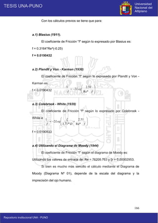 166
Con los cálculos previos se tiene que para:
a.1) Blasius (1911).
El coeficiente de Fricción "f" según lo expresado por Blasius es:
f = 0.3164*Re^(-0.25)
f = 0.0190432
a.2) Plandtl y Von - Karman (1930)
El coeficiente de Fricción "f" según lo expresado por Plandtl y Von -
Karman es:
f = 0.0190432
a.3) Colebrook - White (1939)
El coeficiente de Fricción "f" según lo expresado por Colebrook -
White es:
f = 0.0190533
a.4) Utilizando el Diagrama de Moody (1944)
El coeficiente de Fricción "f" según el diagrama de Moody es:
Utilizando los valores de entrada de: Re = 76205.763 y ξr = 0.00002953.
Si bien es mucho más sencillo el cálculo mediante el Diagrama de
Moody (Diagrama Nº 01), depende de la escala del diagrama y la
imprecisión del ojo humano.










f
Log
f Re*
51
.
2
2
1











f
D
Log
f Re*
51
.
2
*
71
.
3
2
1 
 